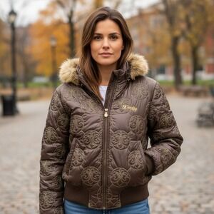 VTG Beyonce Dereon Puffer Jacket Womens XL Brown Faux Fur Hooded Quilted Y2K NWT